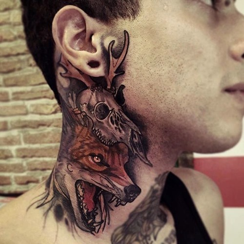 fox-tattoo-with-skull-on-neck