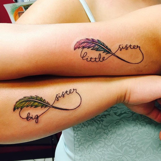 little-and-big-sister-infinity-feather-tattoos