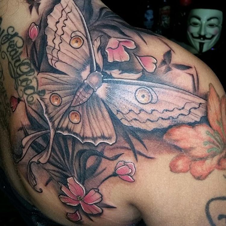 black-and-grey-butterfly-tattoos-with-flowers