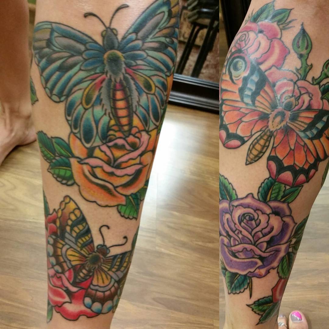 butterfly-tattoos-on-leg-with-flower