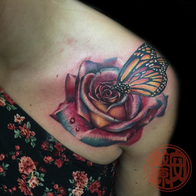 feminine-rose-flower-and-butterfly-tattoo
