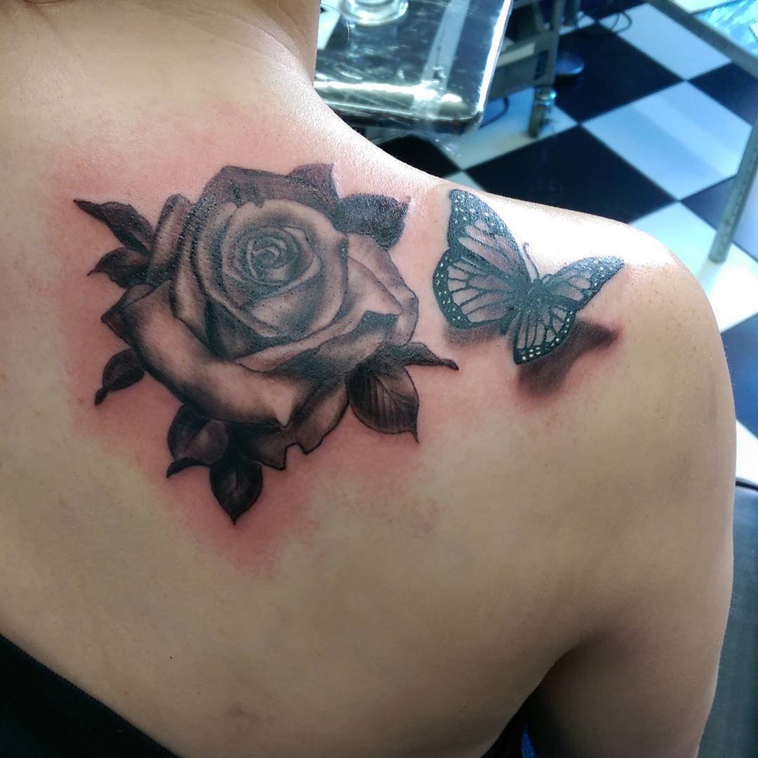 realistic-rose-and-butterfly-tattoo