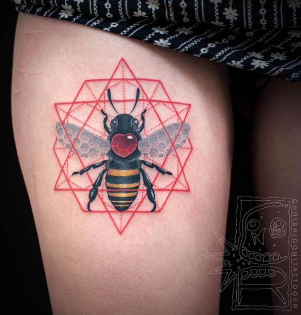 geometric-bee-thigh-tattoo
