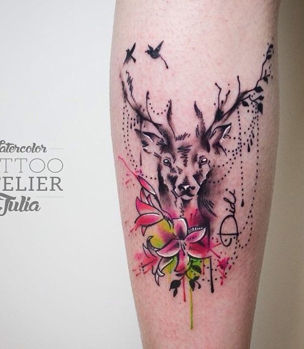 flower-and-deer-calf-tattoo-24