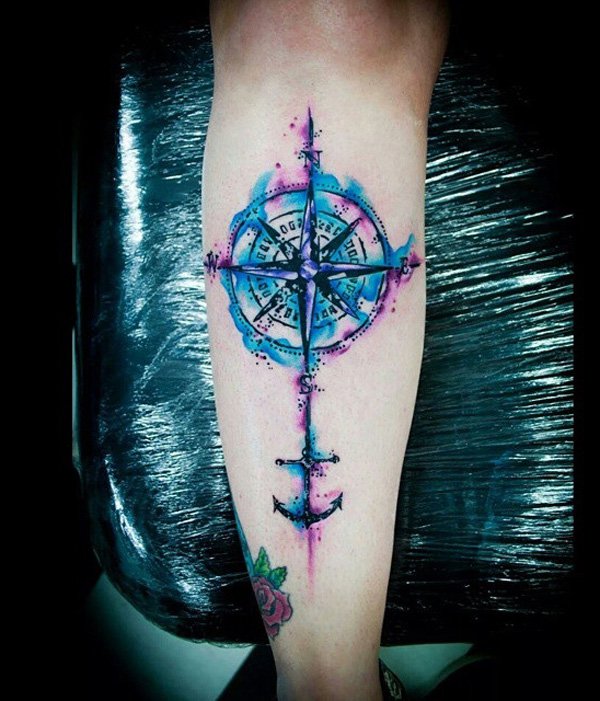 watercolor-compass-calf-tattoo-10