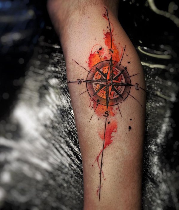watercolor-compass-calf-tattoo-40