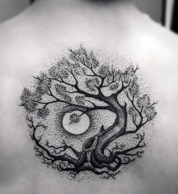 awesome-dotwork-guys-tree-of-life-moon-upper-back-tattoo