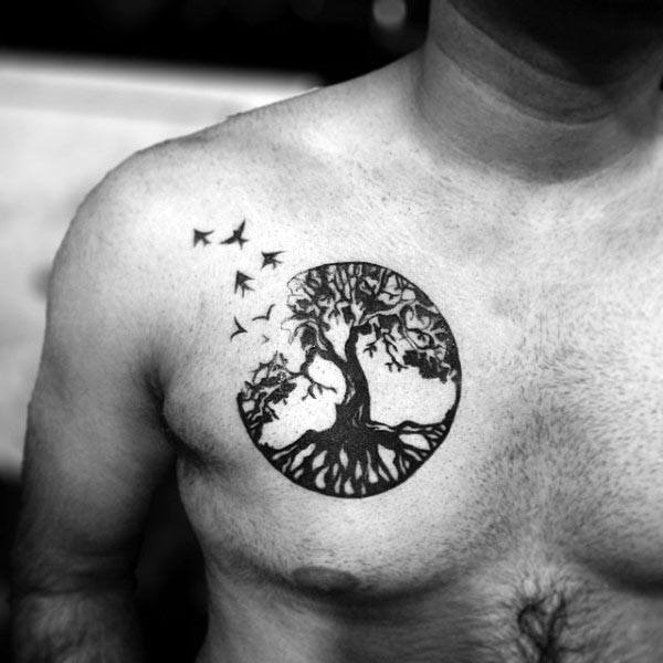 circle-tree-of-life-upper-chest-birds-flying-mens-black-ink-tattoo-design-ideas