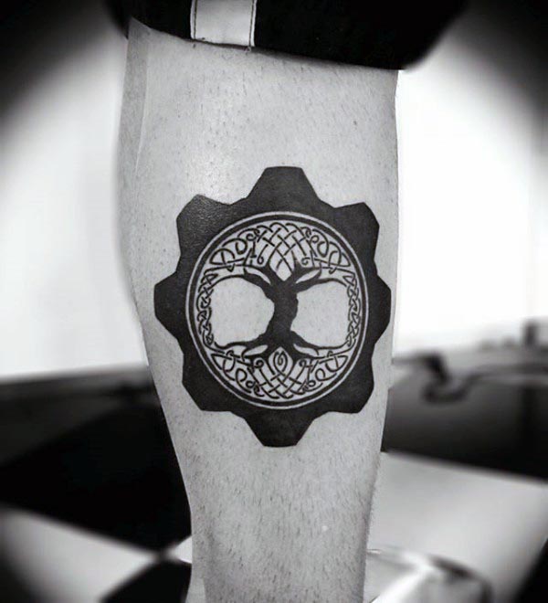 mechanical-gear-tree-of-life-guys-leg-calf-tattoos