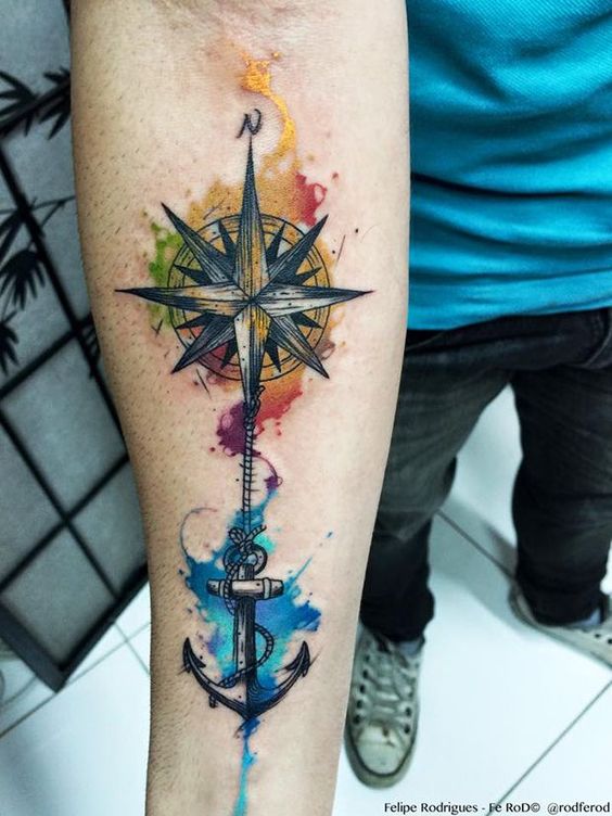 stunning-watercolor-compass-forearm-tattoo